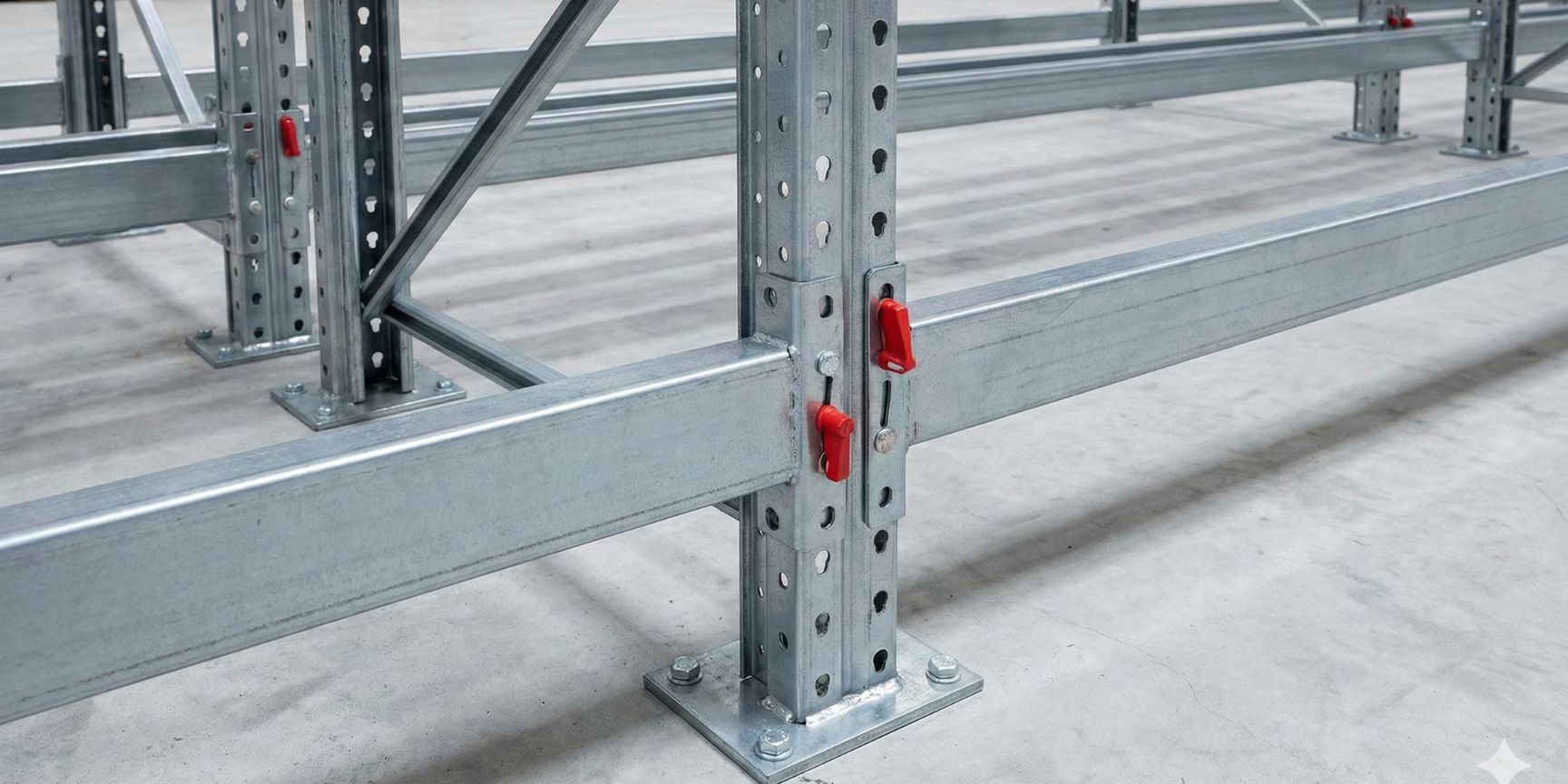 Close-up of the technical components of a heavy-duty pallet rack in a warehouse, showing the steel shelf stand with a perforated grid, suspended crossbeams with red locking pins and the footplate screwed to the concrete floor.